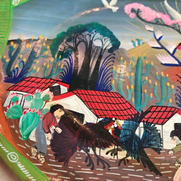 Terracotta Mexican Village Storytell Plate Folk Art Pottery Vintage Hand Paintd - Picture 2 of 7